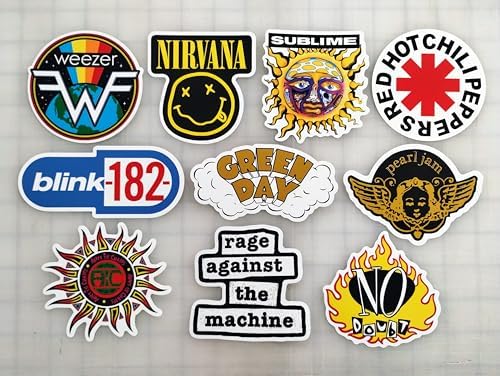 90's Alternative Rock Band Sticker Pack (10 Stickers) Set 1 Nirvana Alice Sublime Blink Green no 182 Doubt red Rage hot Against Chili Machine Pearl Peppers jam Chains Day