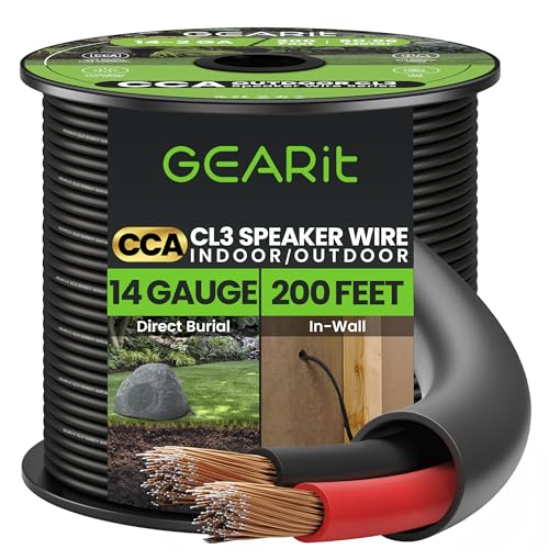 GearIT Outdoor Speaker Wire CCA 2x2.5mm≤ (60.96 Meters - Black) Copper Clad Aluminum - Hi-Fi Audio Cable for Direct Burial in Ground/in Wall / CL3 CL2 Rated / 2-Conductors - 14 Gauge AWG, 200 Feet