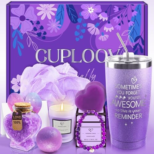 Spa Gift Basket Set for Women Purple Birthday Valentine's Day Gift Basket Box for Women Relaxing Self Care Bath Set with Tumbler Cup for Her Mom Wife Girlfriend Sisters Valentine's Day Christmas Gift