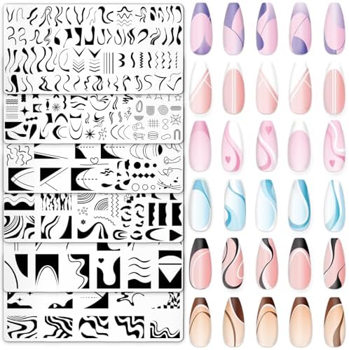 Whaline 6Pcs French Line Nail Plates Stamping Set Minimalism Wave Stripe Stamp Templates Nail Art Plates For DIY Print Manicure Salon Design