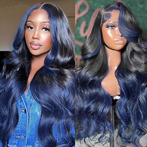 Ombre Blue Lace Front Wigs Human Hair Body Wave 13x4 Skunk Stripe Royal Blue Lace Front Wigs 26 Inch 1B/blue Ombre Lace Front Wigs Human Hair Blue Highlight HD Lace Frontal Wigs 150% Density