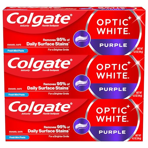 Colgate Optic White Purple Toothpaste for Teeth Whitening, Teeth Whitening Toothpaste with Fluoride, Helps Remove Surface Stains and Polishes Teeth, Enamel-Safe for Daily Use, Mint, 3 Pack, 4.2 oz
