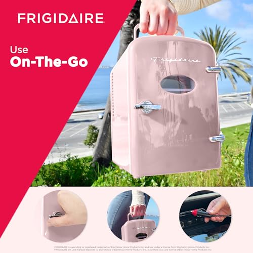 Frigidaire Retro Mini Fridge Cooler, 4L Capacity Chills 6 12oz Cans, 100% Freon-Free & Eco Friendly, Portable Fridge for Car, Office, Bedroom, Dorm Room, or Cabin - 9.84"D x 7.09"W x 10.35"H (Pink)