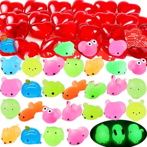 28Pack Valentines Gift Cards with Glow in The Dark Mochi Squishies Toys Filled Hearts for Kids Classroom Exchange