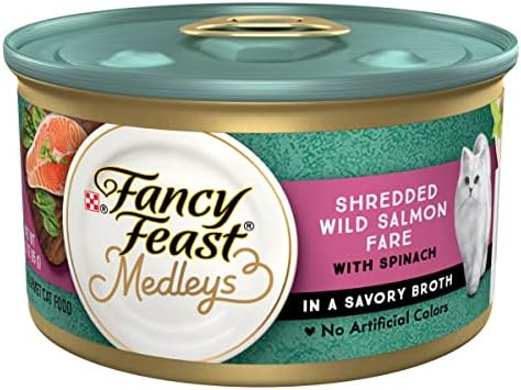 Purina Fancy Feast Wet Cat Food, Medleys Shredded Wild Salmon Fare With Spinach in a Savory Cat Food Broth - (Pack of 24) 3 oz. Cans
