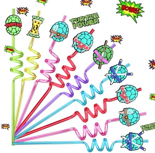 24 Ninja Green Turtles Birthday Party Plastic Straws for Teenage Mutant Cartoon Turtle Party Favors, Vivid Reusable Drinking Straws with 6 styles Shell Weapons for Kids Party Supplies with 2 Brushes
