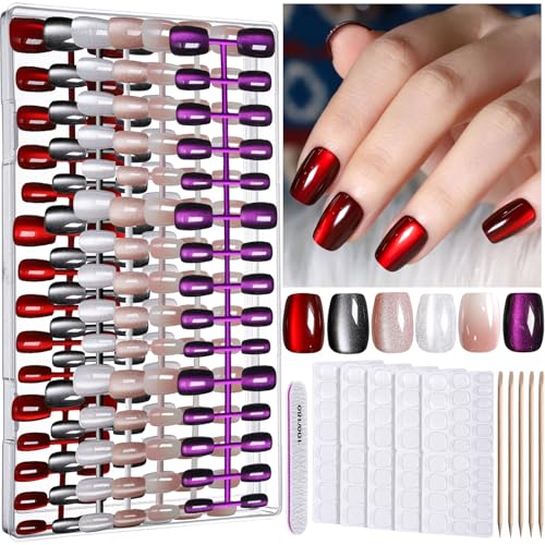 FANDAMEI Cat Eye Press On Nails, 6 Colors Press On Nails Short Square, Natural Fake Nails Fine Diamond Shine, Glossy Ombre, Cat Eye Press on Nails for Women with Salon Quality, Press on Nails Kit