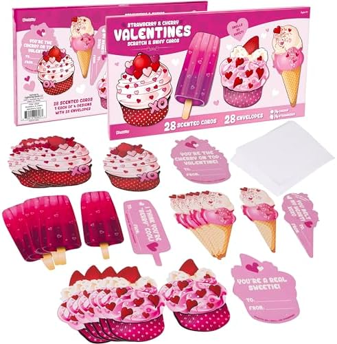 28Pk Strawberry & Cherry Scented Valentines Day Cards with Envelope, Scratch & Sniff Valentines Card for Kids, Valentines Day Greeting Cards,Party Favor Toys,Exchange Gift Card for Kids, Classroom Toy