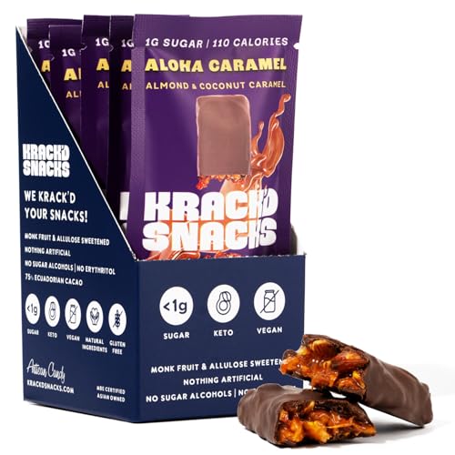 Krack’d Snacks Keto Milk Chocolate Snack Bars - On-the-Go, Low Carb, Dairy Free Chocolate with Almonds and Coconut Caramel - Gluten Free, Sugar Free Candy - (Milk Chocolate Aloha Caramel, 5 Pk)