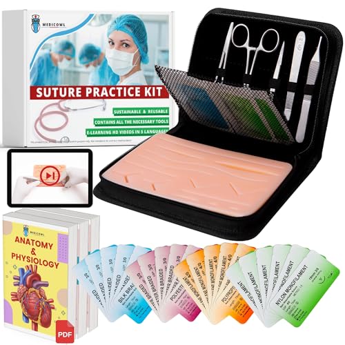 Suture Practice Kit for Students - 33 Pieces with Reusable Suture Pad and 24 Suture Threads - Includes HD Video Guide, Anatomy and Physiology Courses, Flashcards for Comprehensive Training