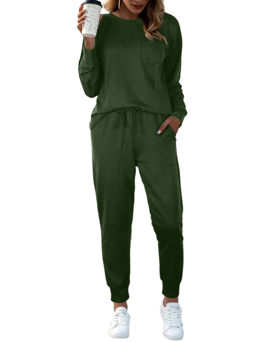 Bofell Lounge Sets for Women Casual 2 Piece Outfits Christmas Pajamas Long Sleeve Green L