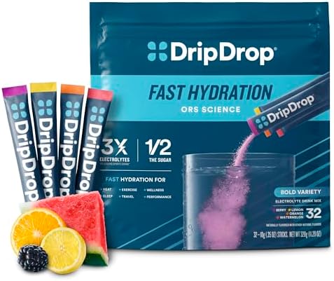 DripDrop Hydration - Bold Variety Pack - Electrolyte Drink Mix Single Serve Hydration Powder Packets - Watermelon, Berry, Lemon, Orange | Non-GMO, Gluten Free, Vegan | 32 Sticks
