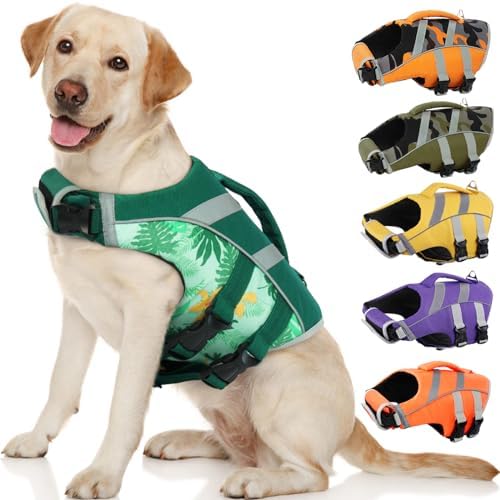 Kuoser Dog Life Jacket with Reflective Stripes, Adjustable High Visibility Dog Life Vest Ripstop Dog Lifesaver Pet Life Preserver with High Flotation Swimsuit for Small Medium and Large Dogs