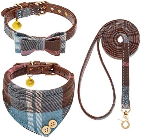 EXPAWLORER Dog Collar and Leash Set - Classic Plaid Dog Bow Tie and Dog Bandana Collar with Bell, Dog Leash Tangle Free, Adjustable Collars for Small Medium Large Dogs Cats, Holiday Ideal Gift