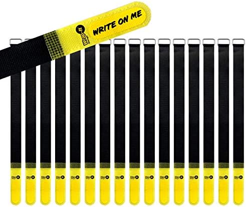 Wrap-It Storage Hook and Loop Cinch-Straps 12" 16 Pack (Yellow/Black) with Write on Label for Easy Cord Identification and Cable Management, Reusable Multi-Purpose Securing Cinch Straps