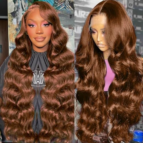 Chocolate Brown Lace Front Wig 13x6 Body Wave Lace Front Wigs Human Hair Pre Plucked 180% Density HD Lace Frontal Wigs Human Hair Brown Wig Human Hair Colored Glueless Wigs for Women 24 Inch
