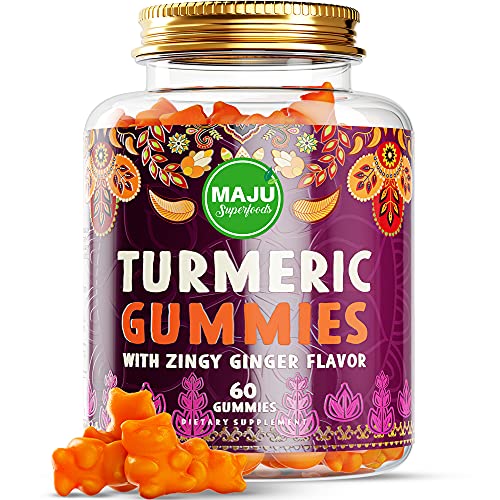 MAJU Turmeric Curcumin Gummies 60ct, Zingy Ginger Taste, Black Pepper Extract for Enhanced Absorption and Potency, Tumeric Gummies for Adults and Kids