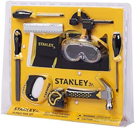 STANLEY Jr. 10-Piece Kids Tool Set with Tool Belt Pouch and Real Construction Tools for Pretend Play Toys or Building and Woodworking Activities
