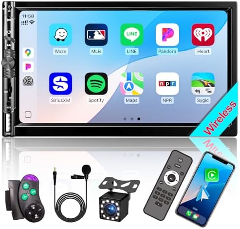 7“ Double DIN Car Stereo with Wireless Apple CarPlay Android Auto, Car Radio Bluetooth 5.2, IPS 1024 600 Touch Screen, Backup Camera, FM Radio, Subwoofer, USB,SWC, MIC, Car Audio Receiver,Car Play