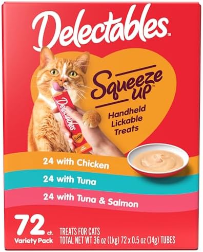 Delectables Squeeze Up Variety Pack, Creamy Squeezable Puree, Lickable Wet Cat Treats, Grain Free, No Added Fillers, No by-Products, No Added Preservatives, 0.5 Ounces Tube, 72 Tubes Total