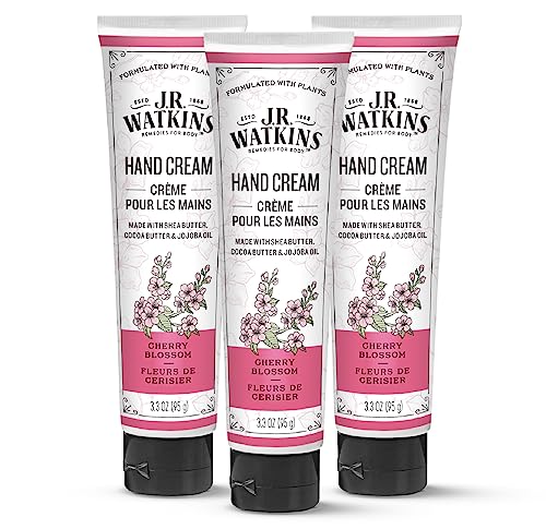 J.R. Watkins Natural Moisturizing Hand Cream, Hydrating Hand Moisturizer with Shea Butter, Cocoa Butter, and Avocado Oil, USA Made and Cruelty Free, 3.3oz, Cherry Blossom, 3 Pack