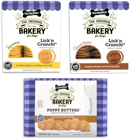 Three Dog Bakery Lick'n Crunch! Sandwich Cookies Variety Pack Premium Treats for Dogs, Carob/Peanut Butter, Golden/Vanilla, & Pupper Butters, 37.8 Ounces, 3-Pack