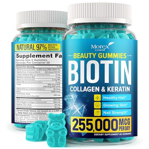 Hair Vitamins Natural Gummies - Biotin Multivitamin for Hair, Skin & Nails with Collagen & Keratin - Anti Aging Collagen Gummy Vitamins for Men & Women - Hair & Nail Growth Gummies - 60psc