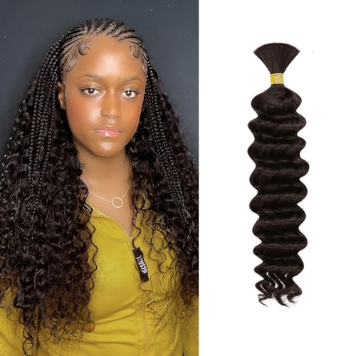 1 Bundle Human Braiding Hair for Boho Braids, 16Inch 40G #2 10A Brazilian Virgin Deep Wave Bulk Human Hair for Braiding, Wet And Wavy No Weft Curly Braiding Hair for Boho Knotless Braids