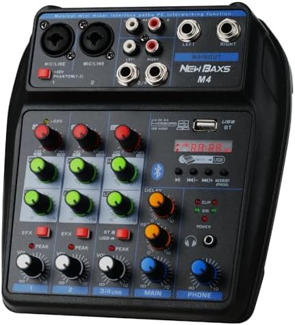 DJ Audio Mixer, DJ Mixers 4 Channel Sound Board with Bluetooth, NEW BAXS Sound Mixer Board XLR/1/4" Interface, USB/MP3 Computer Input 48V Phantom Power Stereo DJ Studio Streaming KTV Stage
