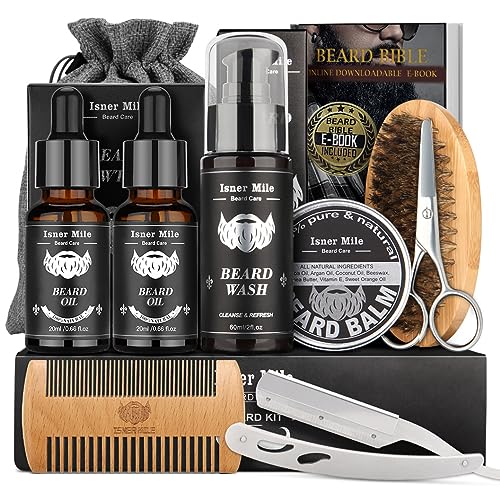 Isner Mile Beard Grooming Kit for Men Beard Care Kit with Beard Shampoo, Beard Oil, Balm, Brush, Comb, Scissors & Storage Bag Father's Day, Christmas & Birthday Gifts for Men Stocking Stuffers for Him