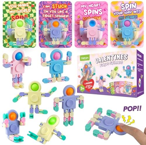 28 PCS Chain Press Vent Spaceman - Valentines Cards for Kids Wacky Track Finger Fidget Sensory Stress Relief Toy - Valentine Exchange Prizes for Girls Boys School