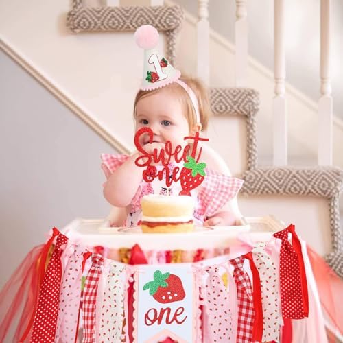 Strawberry 1st Birthday High Chair Banner for First Baby Girl Berry Sweet One Birthday Party Decorations