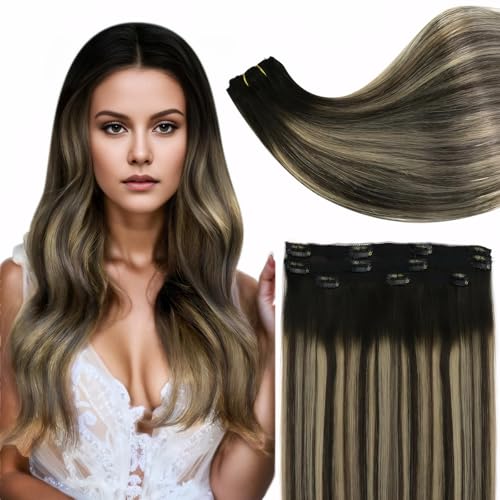 Full Shine Clip In Hair Extensions With Lace Weft Hair Extensions Clip Ins 14 Inch Natural Black Hair Extensions With Light Brown Highlight Hair Extensions For Women 3 Pcs 60 Grams