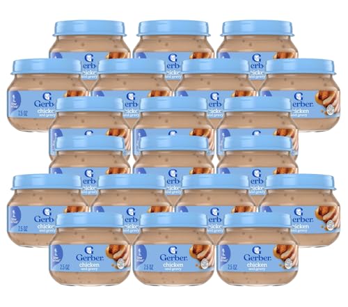 Gerber Baby 2nd Foods Baby Food, Chicken & Gravy,Non-GMO Pureed Baby Food with Essential Nutrients Glass Jar, 2.5 Ounce (Pack of 20)