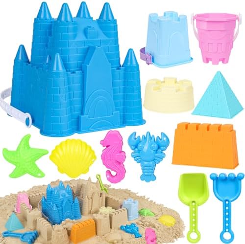 Beach Toys Sand Toys for Kids, Sand Castle Toys for Beach with Sand Castle Bucket, Sand Molds, Shovel and Rake, Sand Castle Kit, Sandbox Toys for Toddlers, Travel Beach Toys for Kids 3-10