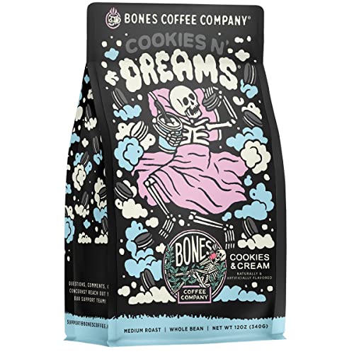 Bones Coffee Company Cookies 'N Dreams Flavored Coffee Beans, Whole Bean Coffee Medium Roast Low Acid, Cookies & Cream Flavor (12 oz)