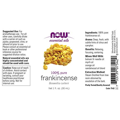 NOW Essential Oils, Frankincense Oil, Centering Aromatherapy Scent, Steam Distilled, 100% Pure, Vegan, Child Resistant Cap, 1-Ounce