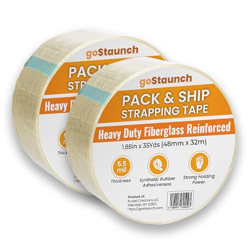 Filament Strapping Tape (1.88" x 35 yds, Pack of 2) Transparent 5.5mil Reinforced Fiberglass Tape - Synthetic PET Adhesive Heavy Duty