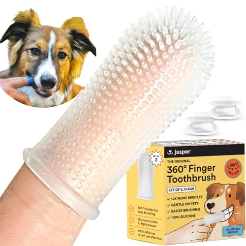 Jasper Dog Toothbrush, 360-Degree Silicone Dog Finger Toothbrush with Storage Cases, Dog Tooth Brushing Kit, Dog Teeth Cleaning Kit for Medium and Large Dogs, Use with Dog Toothpaste, 2-Pack Clear