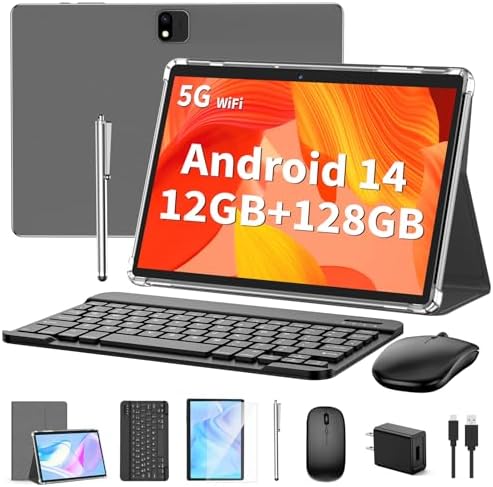 Android 13 Tablet with Keyboard - 12GB+128GB, 1TB Expandable, 2-in-1 with 10-inch Display, Case, Mouse, Stylus, 8000mAh Battery, 2.4G/5G WiFi, GPS, Certified - Silver