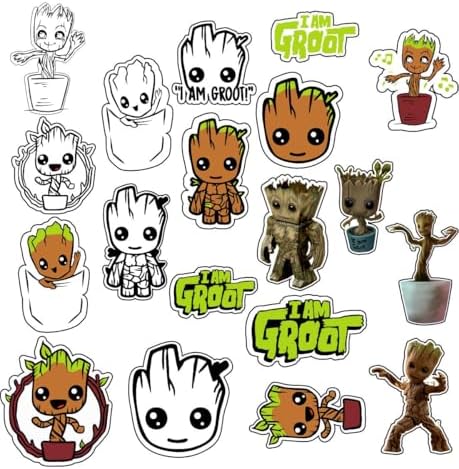 Groot Cartoon Stickers (Pack of 19) | Waterproof, Vinyl, Green & Brown, Glitter & Sequin, Perfect for Scrapbook & Water Bottles