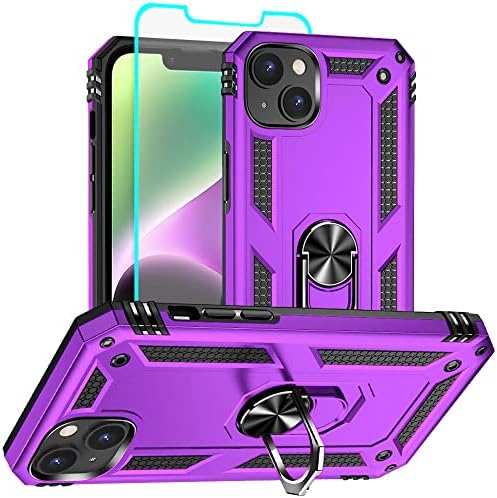 for iPhone 14 Case, iPhone 14 Phone Case with HD Screen Protector, [Military Grade 16ft. Drop Tested] Ring Shockproof Protective Phone Case for iPhone 14,Purple
