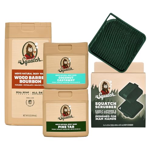 NEW Dr. Squatch Natural Body Wash for Men - Non-Exfoliating - Wood Barrel Bourbon (14 oz) + Coconut Castaway + Pine Tar (8 oz, 2 Pack) + Body Scrubber
