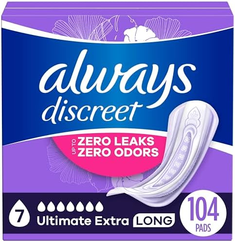 Always Discreet Adult Incontinence Pads for Women, Ultimate Extra Protect Absorbency, Long Length, Postpartum Pads, 104 CT