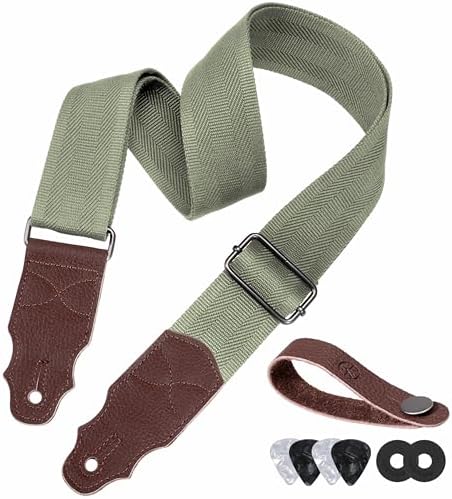 Guitar Strap, Head Layer Cowhide Leather End, 2 Inches Wide, for Acoustic and Bass Electric Guitars, Free Button, 2 Strap Locks and 4 Guitar Picks