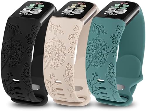 Minyee 3 Packs Floral Engraved Band Compatible with Fitbit Charge 6 Bands/Fitbit Charge 5 Bands Women, Cute Soft Silicone Dandelion Flower Pattern Sport Designer Fancy Summer Strap for Charge 6/5