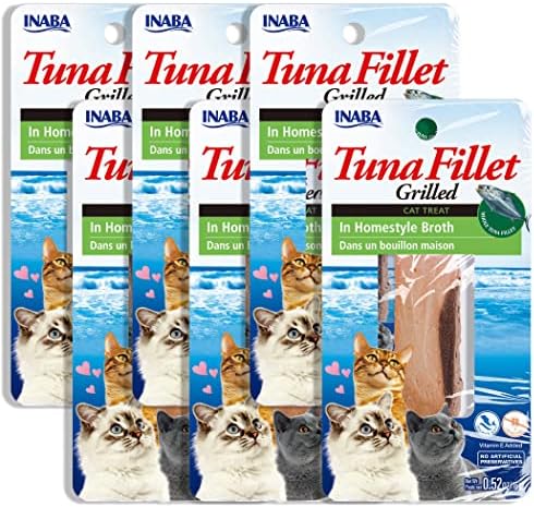INABA Premium Hand-Cut Grilled Tuna Fillet Cat Treats/Topper with Vitamin E and Green Tea Extract, 0.52 Ounces Each, Pack of 6, Homestyle Broth