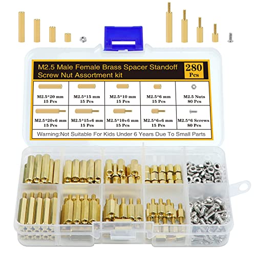 280Pcs M2.5 Motherboard Standoffs&Screws&Nuts Kit, Hex Male-Female Brass Spacer Standoffs, Laptop Screws for DIY Computer Build, Electronic Projects, Raspberry Pi, Circuit Board etc.