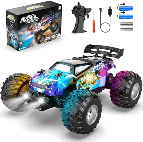 Remote Control Car, All Terrain Remote Control Truck for Boy, 2.4GHz Rc Car with Bodylight and Two Rechargeable Batteries, 20KM/H Monster Truck Toys