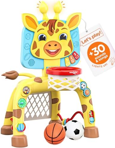 Move2Play, Giraffe Basketball Hoop & Soccer Goal Activity Center | 30+ Sounds & Lights | 1, 2, 3+ Year Old Gift & Birthday Present | 6, 12, 18, 24+ Month Toy For Baby, Toddler, Boys, & Girls